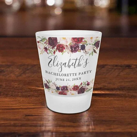 Burgundy Watercolor Floral Bachelorette Party Customized Photo Printed Shot Glass