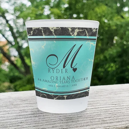 Blue Color Elegant 11th Wedding Anniversary Monogram Customized Photo Printed Shot Glass
