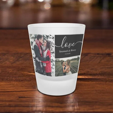 Two Photo Collage Black Love Script Customized Photo Printed Shot Glass
