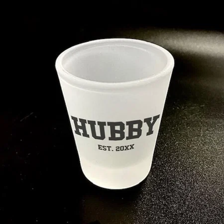 Varsity Style Hubby Typography Design Customized Photo Printed Shot Glass