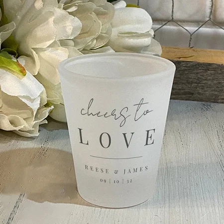 Modern Minimal Script Cheers to Love Design Customized Photo Printed Shot Glass