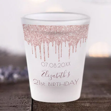 Birthday Rose Gold Glitter Drips Customized Photo Printed Shot Glass