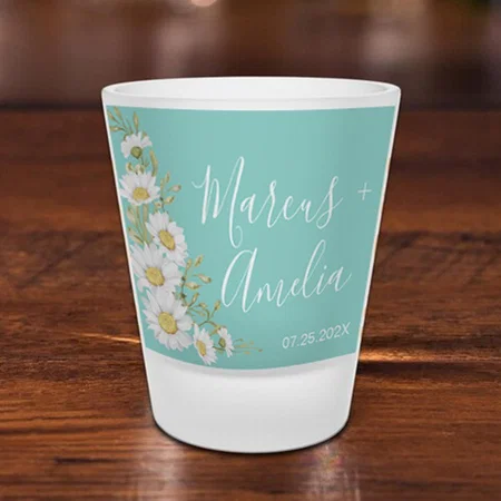 Light Teal & White Floral Design Customized Photo Printed Shot Glass