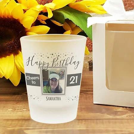 Happy Birthday Cheers to 21 Photo Customized Photo Printed Shot Glass