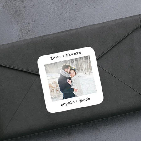 Minimalist Typewriter Thank you Photo Wedding Square Customized Printed Sticker