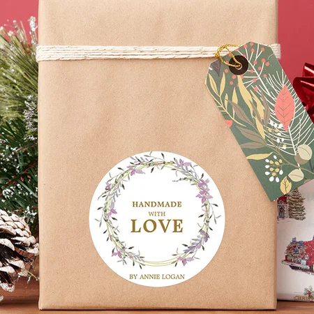 Romantic Handmade with Love Lilac Floral Customized Printed Sticker