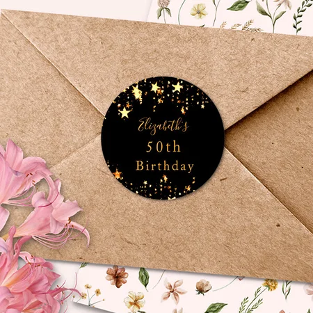 Birthday Party Black Gold Stars Modern Name Customized Printed Sticker