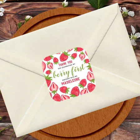 Berry First Birthday Cute Strawberry Thank You Customized Printed Sticker