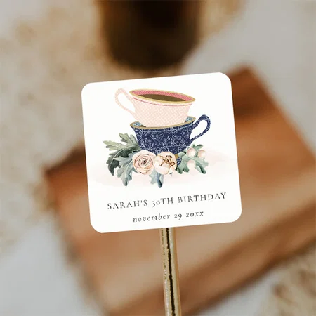 Blush Blue Flora Stacked Tea Cups Customized Printed Sticker