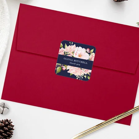 Pretty Pink Roses on Navy Blue Floral Customized Printed Sticker