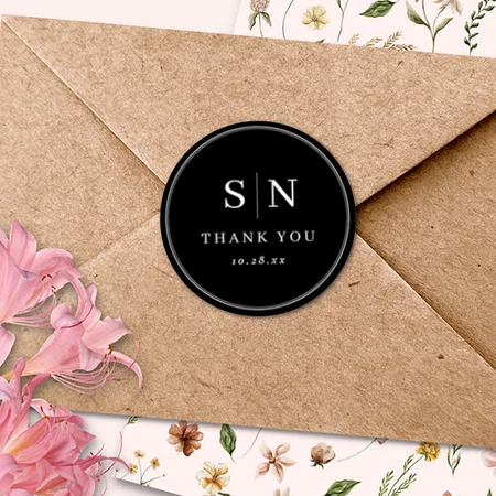 Minimal and Chic Black Wedding Monograms Customized Printed Sticker