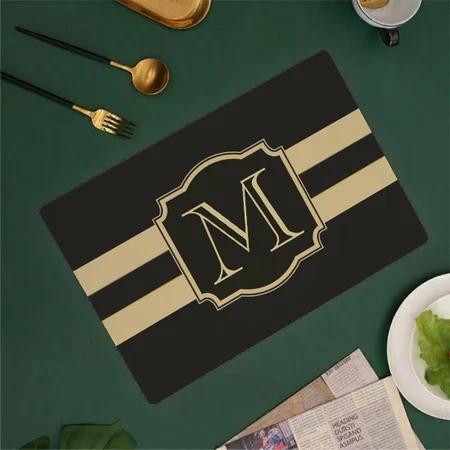 Black And Golden Monogram Customized Printed Cloth Placemat Table Mat