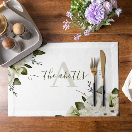 Monogrammed Watercolor Floral Customized Printed Cloth Placemat Table Mat