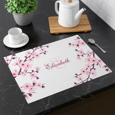 Cherry Blossoms Monogram Pink White Customized Printed Cloth Placemat Table Mat