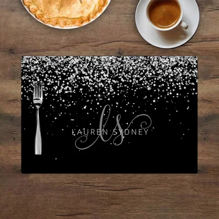 Glam Black Silver Glitter Glam Monogram Name Customized Printed Cloth Placemat Table Mat