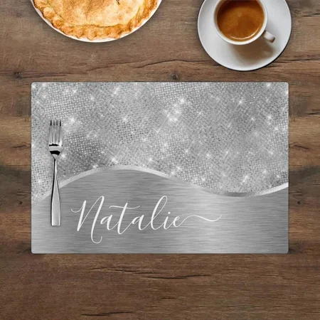 Silver Glitter Glam Bling Customized Printed Cloth Placemat Table Mat