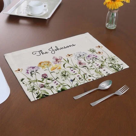 Monogrammed Watercolor Wildflower Garden Customized Printed Cloth Placemat Table Mat