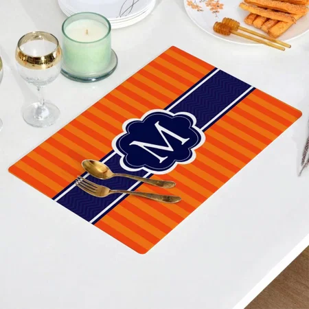 Orange Stripes Navy Blue Monogram Initial Customized Printed Cloth Placemat Table Mat