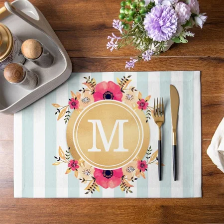 Mint Stripes Watercolor Flowers Faux Gold Monogram Customized Printed Cloth Placemat Table Mat