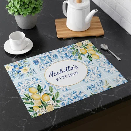Watercolor Blue Italian Tile Lemon Customized Printed Cloth Placemat Table Mat