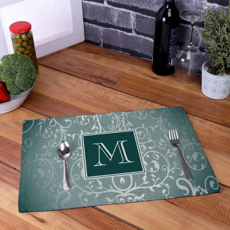 Teal Elegant Flourish Monogram Customized Printed Cloth Placemat Table Mat