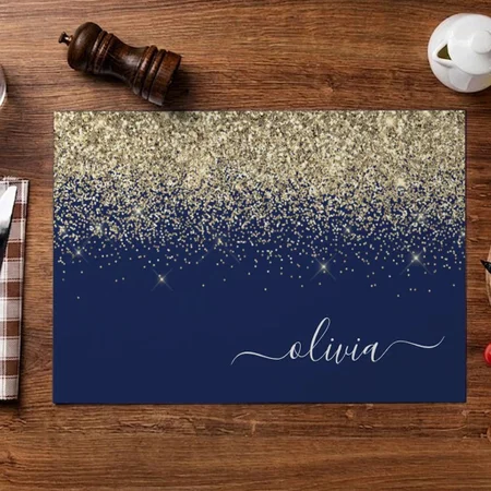 Gold Navy Blue Glitter Script Monogram Customized Printed Cloth Placemat Table Mat