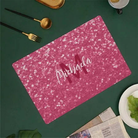 Light Pink Rose Faux Sparkles Glitter Monogram Customized Printed Cloth Placemat Table Mat