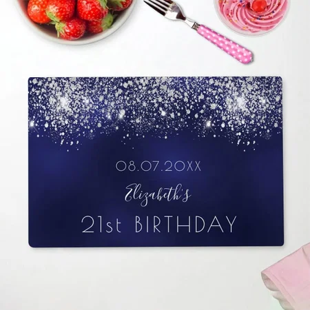 Birthday Navy Blue Silver Glitter Customized Printed Cloth Placemat Table Mat