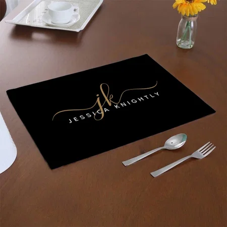 Modern Elegant Script Monogram Initials Black Gold Customized Printed Cloth Placemat Table Mat