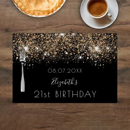 Birthday Black Gold Glitter Name Customized Printed Cloth Placemat Table Mat