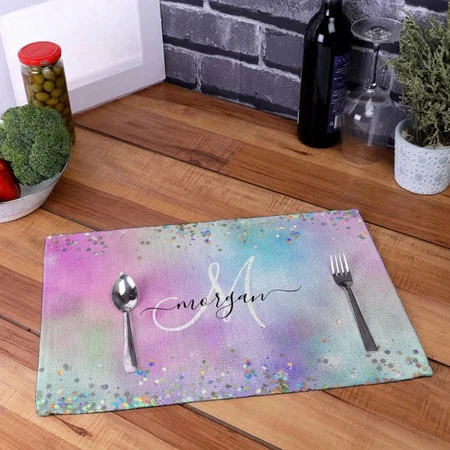 Holographic Glitter Rainbow Pastels Monogram Customized Printed Cloth Placemat Table Mat