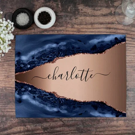 Blue Agate Marble Rose Gold Name Script Customized Printed Cloth Placemat Table Mat