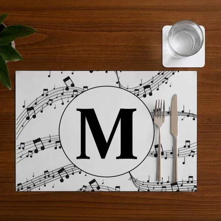 Black And White Music Note Monogram Customized Printed Cloth Placemat Table Mat