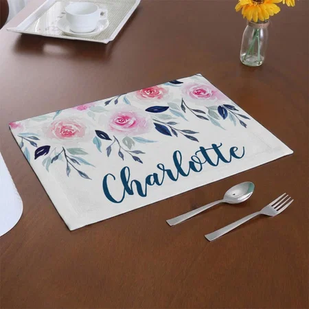 Floral Pink Roses Watercolor Customized Printed Cloth Placemat Table Mat