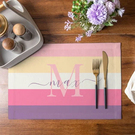 Pastel Pink White Yellow Purple Color Block Customized Printed Cloth Placemat Table Mat