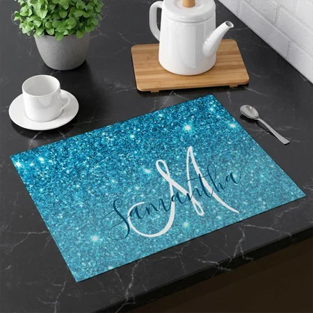 Modern Blue Glitter Sparkles Customized Printed Cloth Placemat Table Mat