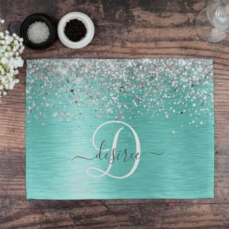 Teal Brushed Metal Silver Glitter Monogram Name Customized Printed Cloth Placemat Table Mat