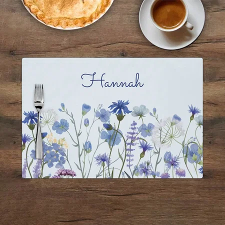 Monogrammed Blue Watercolor Wildflower Meadow Customized Printed Cloth Placemat Table Mat