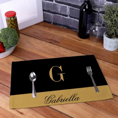 Gold Black  Customized Printed Cloth Placemat Table Mat