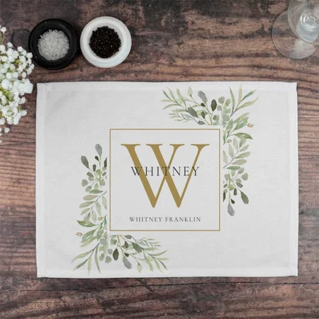 Gold Monogram Elegant Modern Greenery Customized Printed Cloth Placemat Table Mat