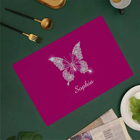 White Diamond Butterfly, Script Name, Deep Fuchsia Customized Printed Cloth Placemat Table Mat