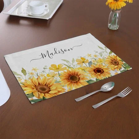 Monogram Yellow Flower Sunflower Floral Botanical Customized Printed Cloth Placemat Table Mat