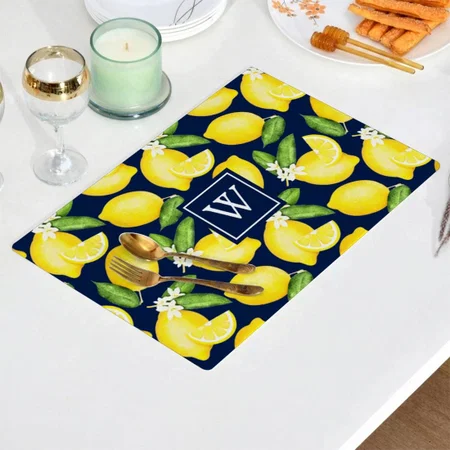 Lemon Citrus Pattern Monogram Customized Printed Cloth Placemat Table Mat