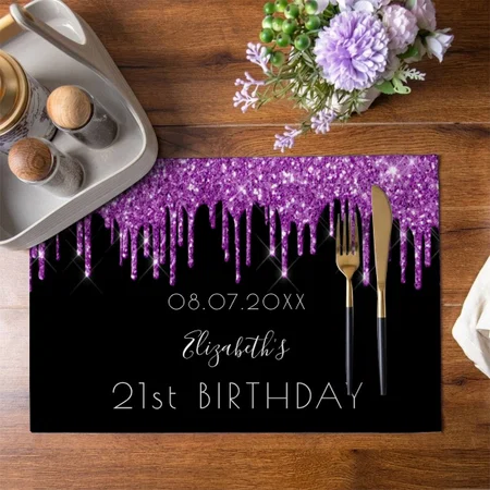 Birthday Black Purple Glitter Customized Printed Cloth Placemat Table Mat