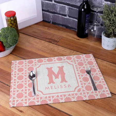Pink And White Cane | Rattan | Monogram Customized Printed Cloth Placemat Table Mat