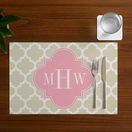 Beige Pink 3 Initial Monogram Customized Printed Cloth Placemat Table Mat