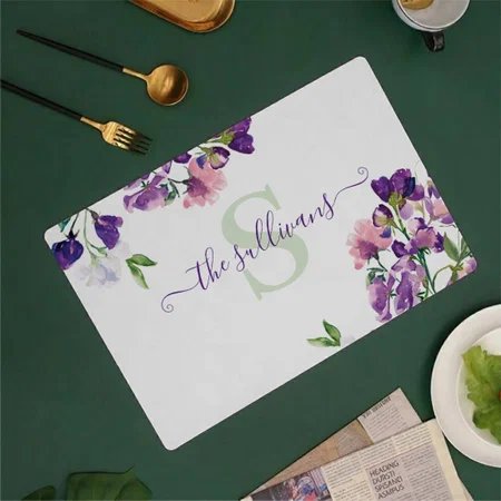 Monogrammed Watercolor Sweet Pea Customized Printed Cloth Placemat Table Mat