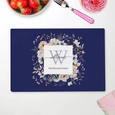 Elegant Monogram Pretty Beige Blue Flowers Floral Customized Printed Cloth Placemat Table Mat