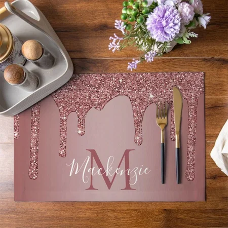 Stylish Rose Gold Dripping Glitter Monogram Customized Printed Cloth Placemat Table Mat