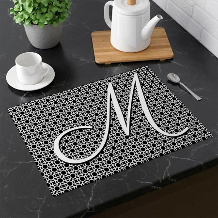Black & White Geometric Initial Monogram Customized Printed Cloth Placemat Table Mat